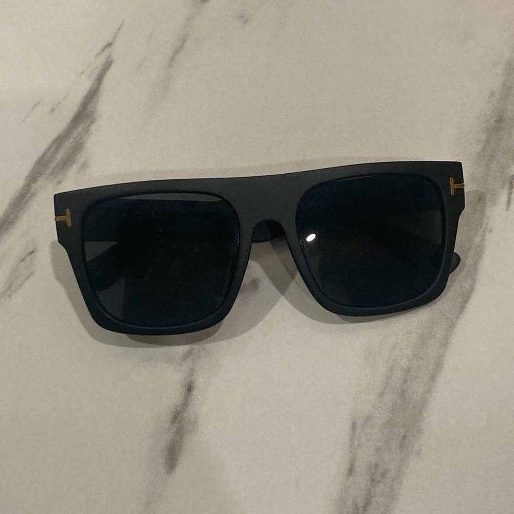 Look like Tom FordBlack Square Men's Sunglasses with Gold Temple Accents